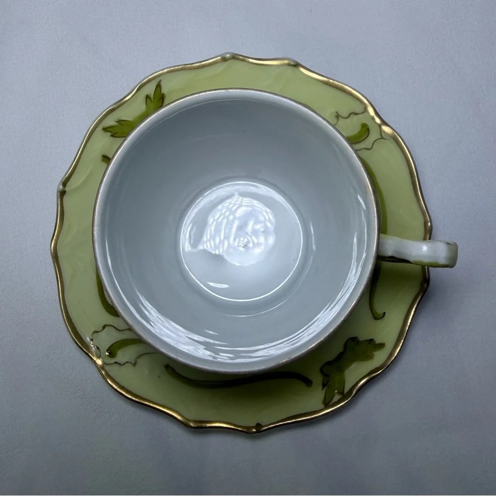Antique Porcelain Prussia Style Hand-Painted Yellow & Green Rose Teacup & Saucer